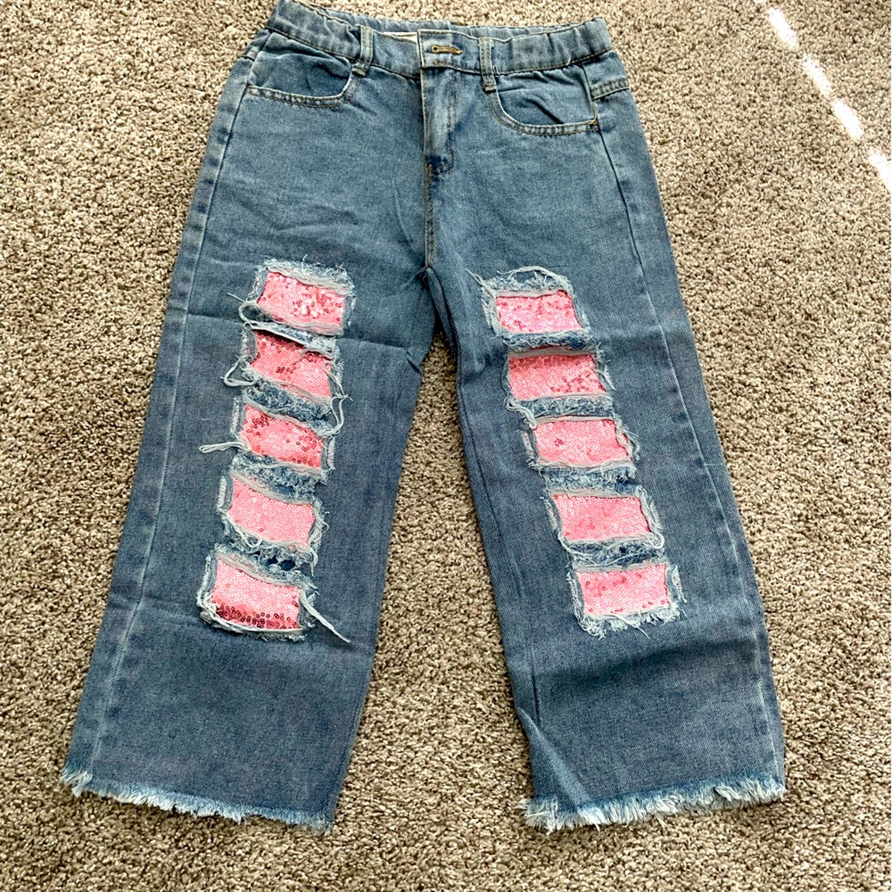 NWOT Girls Distressed Sequin Patch jeans